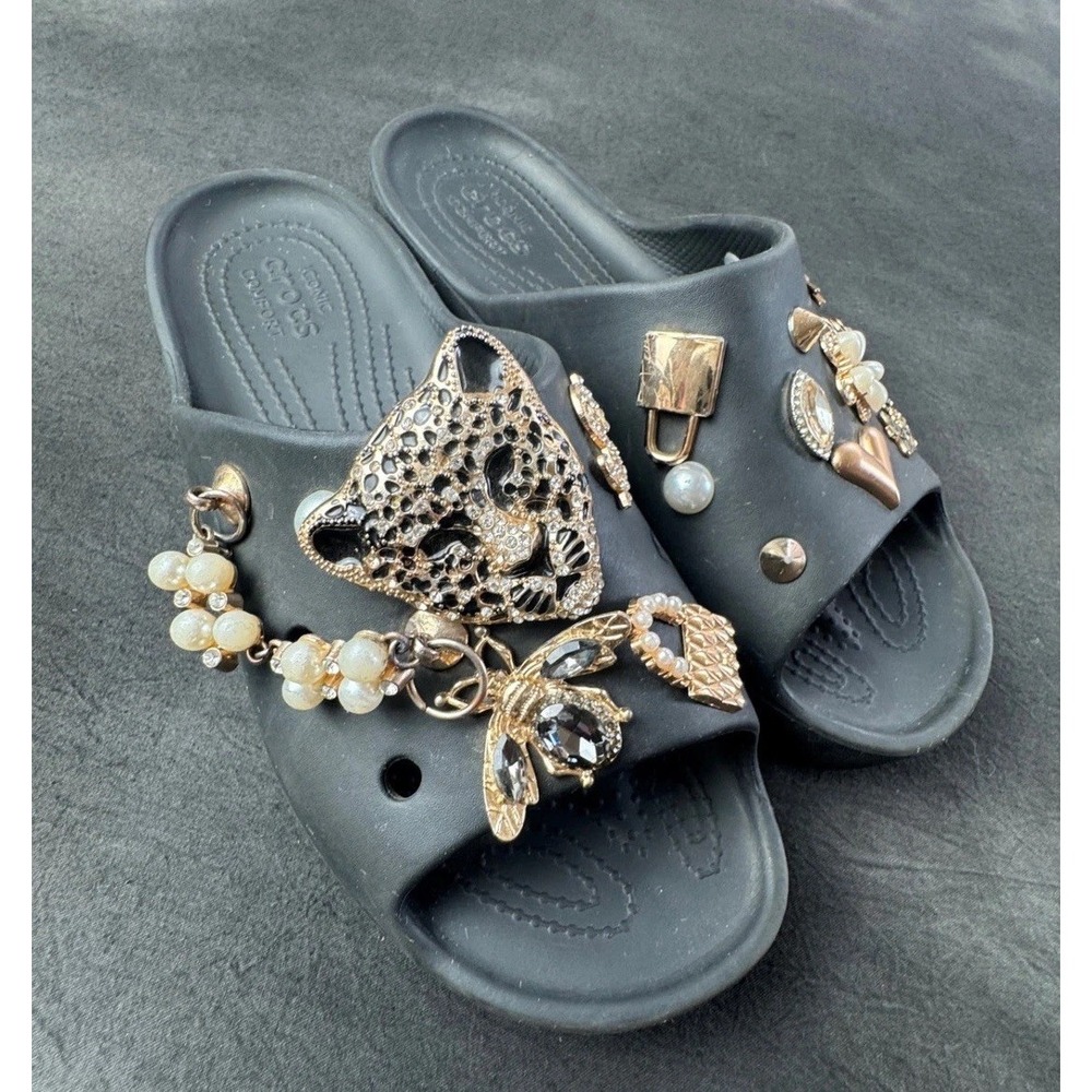Crocs Classic Slides Black Custom Jeweled Charms Leopard Bee Pearls Sandals 8